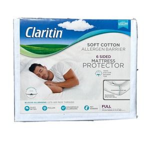 NEW Claritin Soft Cotton Allergen Barrier 6-Sided Mattress Protector, FULL